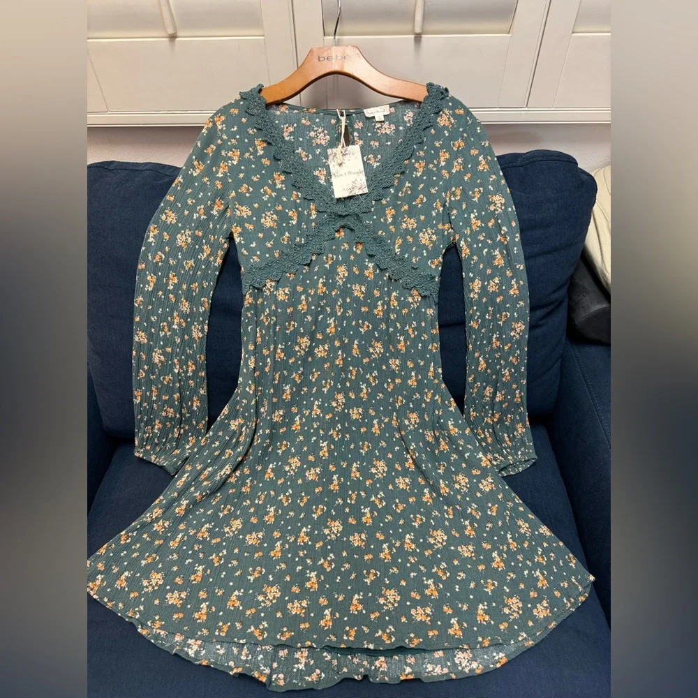 NWT Hem and Thread Long Sleeve Floral Midi Flare Dress with Eyelet Lace Trim - Picture 1 of 8